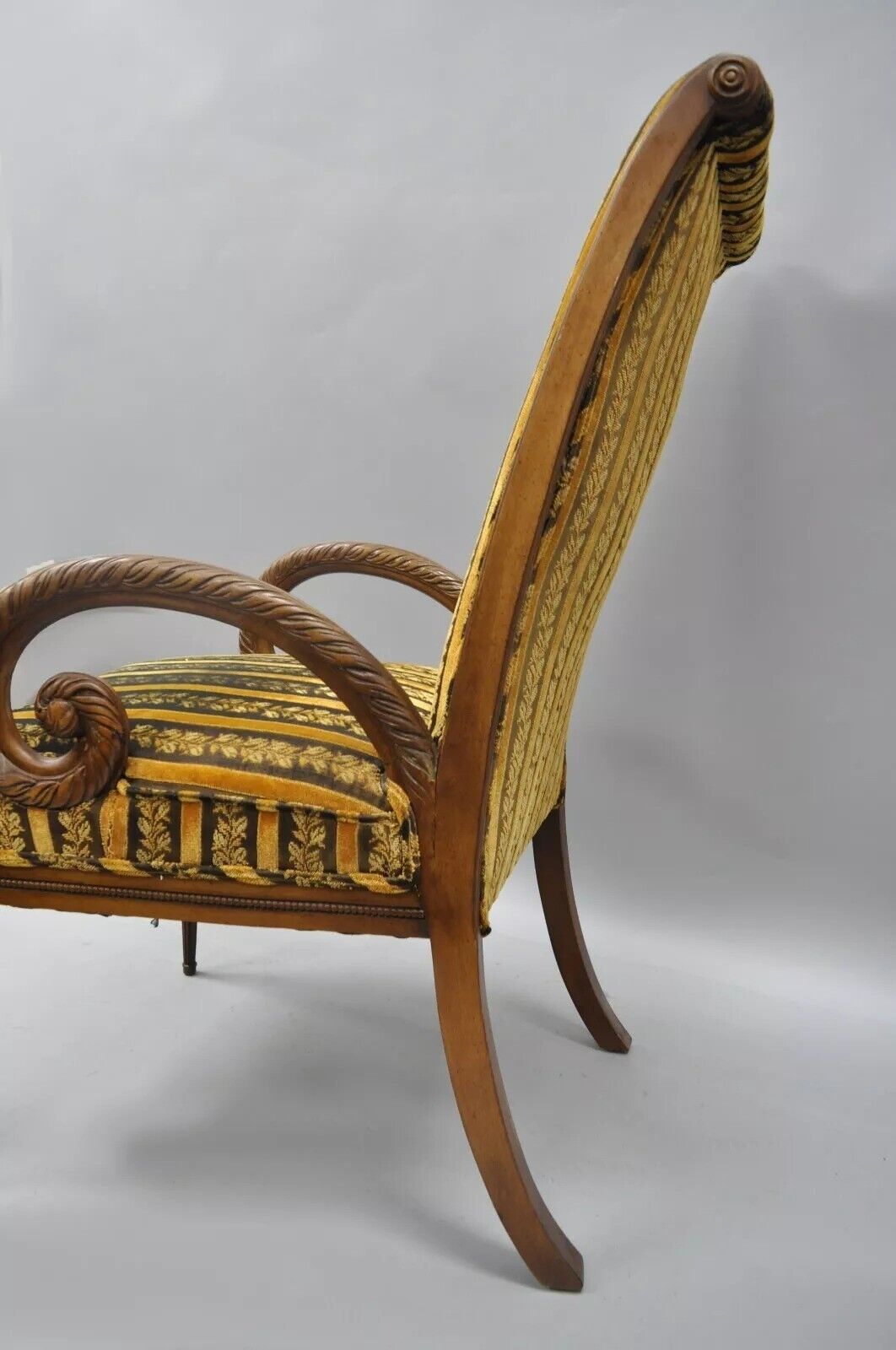 Grosfeld House Hollywood Regency Mahogany Plume Feather Carved Arm Chairs - Pair