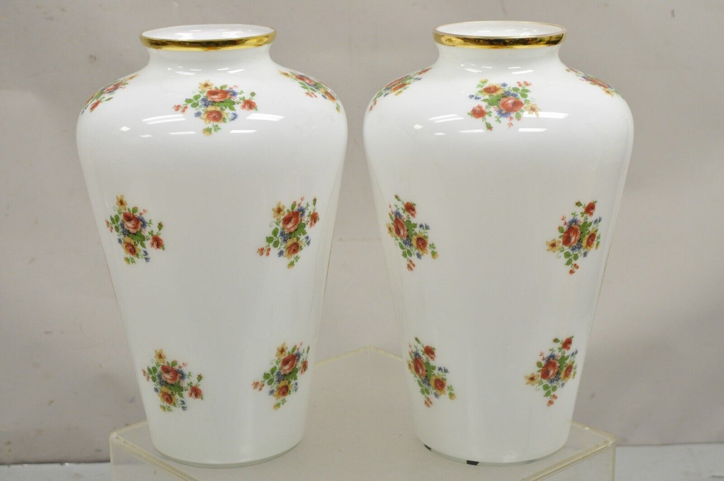 Vintage French Style Large White Blown Glass Transfer Scene Jar Vases - a Pair