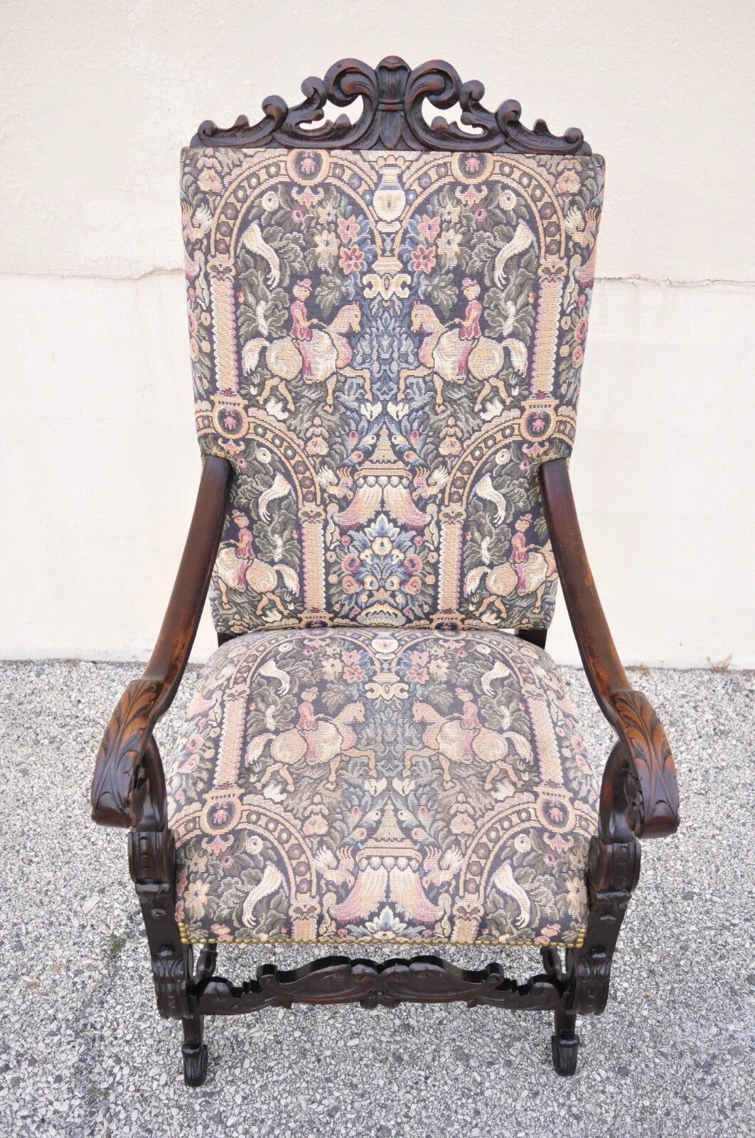 Antique Italian Renaissance Baroque Tapestry Carved Walnut Throne Arm Chair