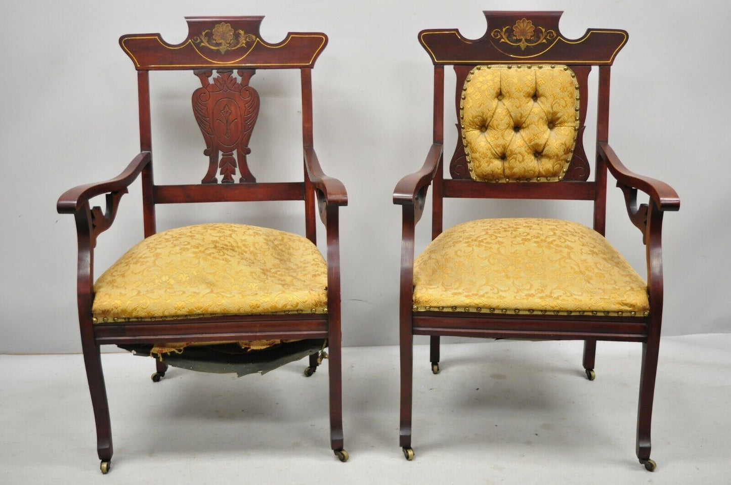 Pair of Antique Eastlake Victorian Mahogany Inlaid Parlor Arm Chairs