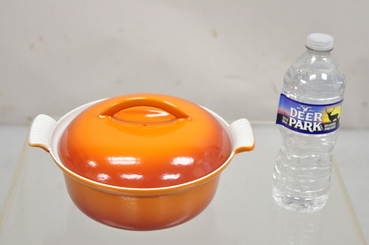 Vintage Descoware Mid Century Modern Cast Iron Orange Enamel Lidded Dutch Oven