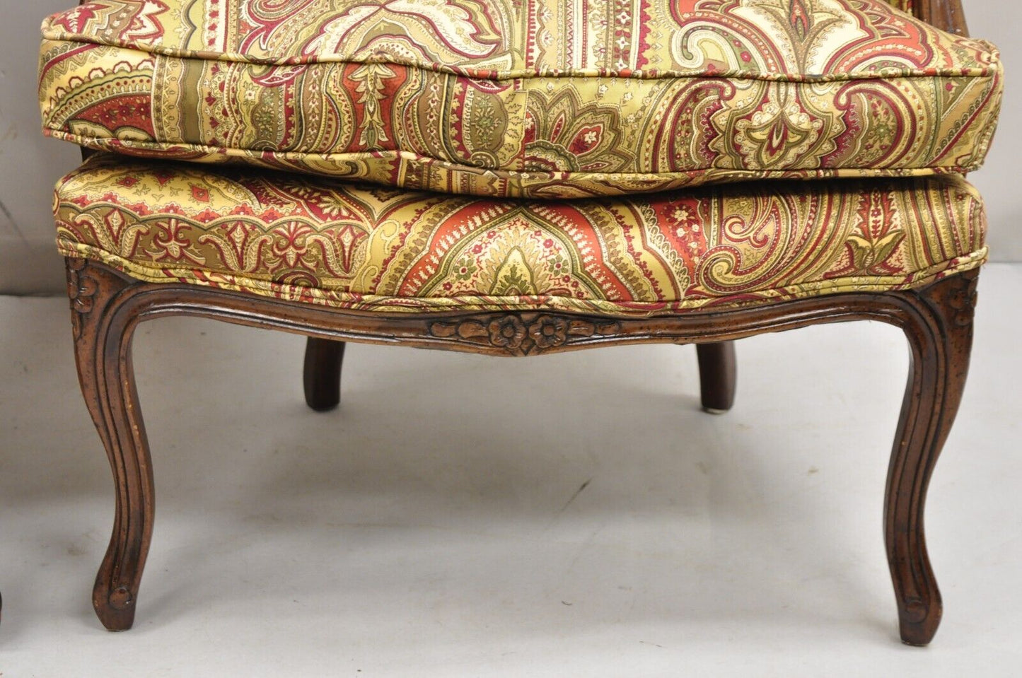 Vintage French Country Carved Walnut Burgundy Bergere Lounge Arm Chairs -a Pair