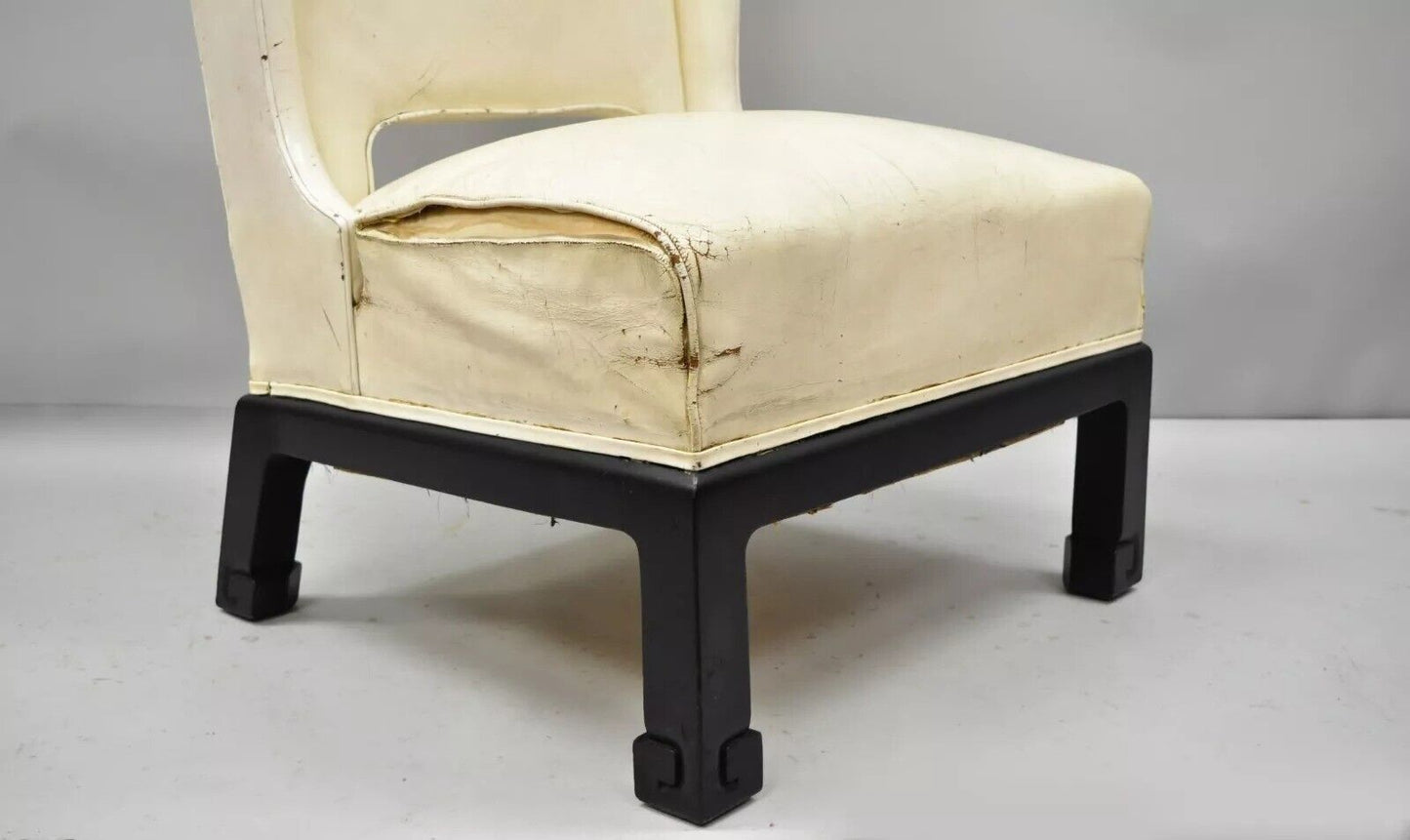 Vintage Oriental High Back Ming Style Black Lacquer Leather Lounge Chair