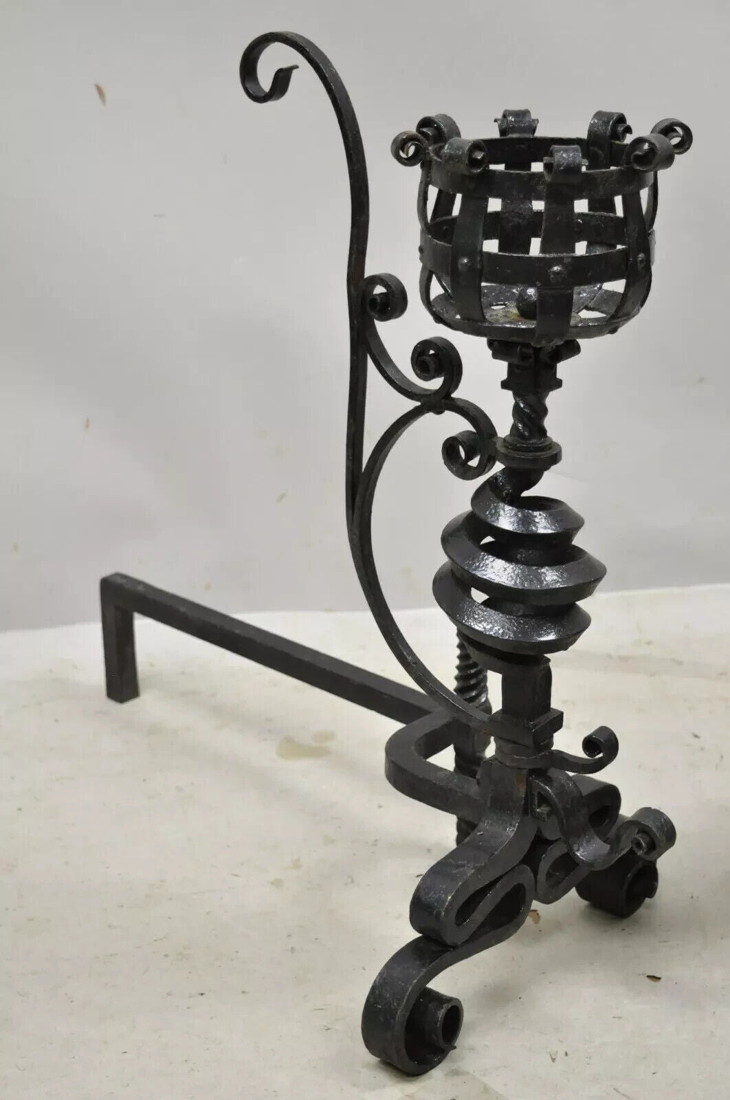 Arts & Crafts Gothic Cast Iron Spiral Scrollwork Fireplace Andirons - a Pair