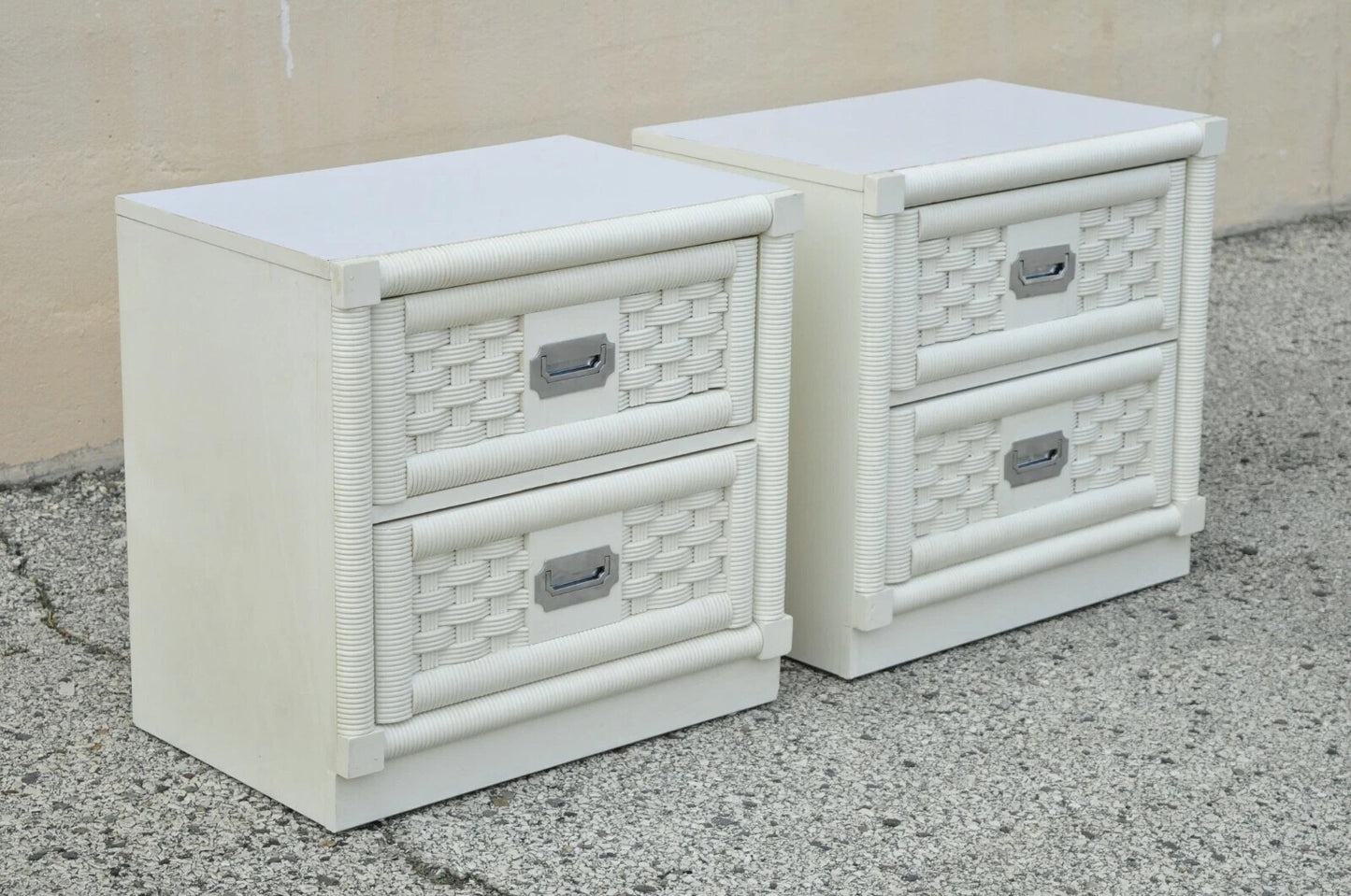 Vintage Hollywood Regency White Rattan Campaign Style Nightstands by Dixie Pair