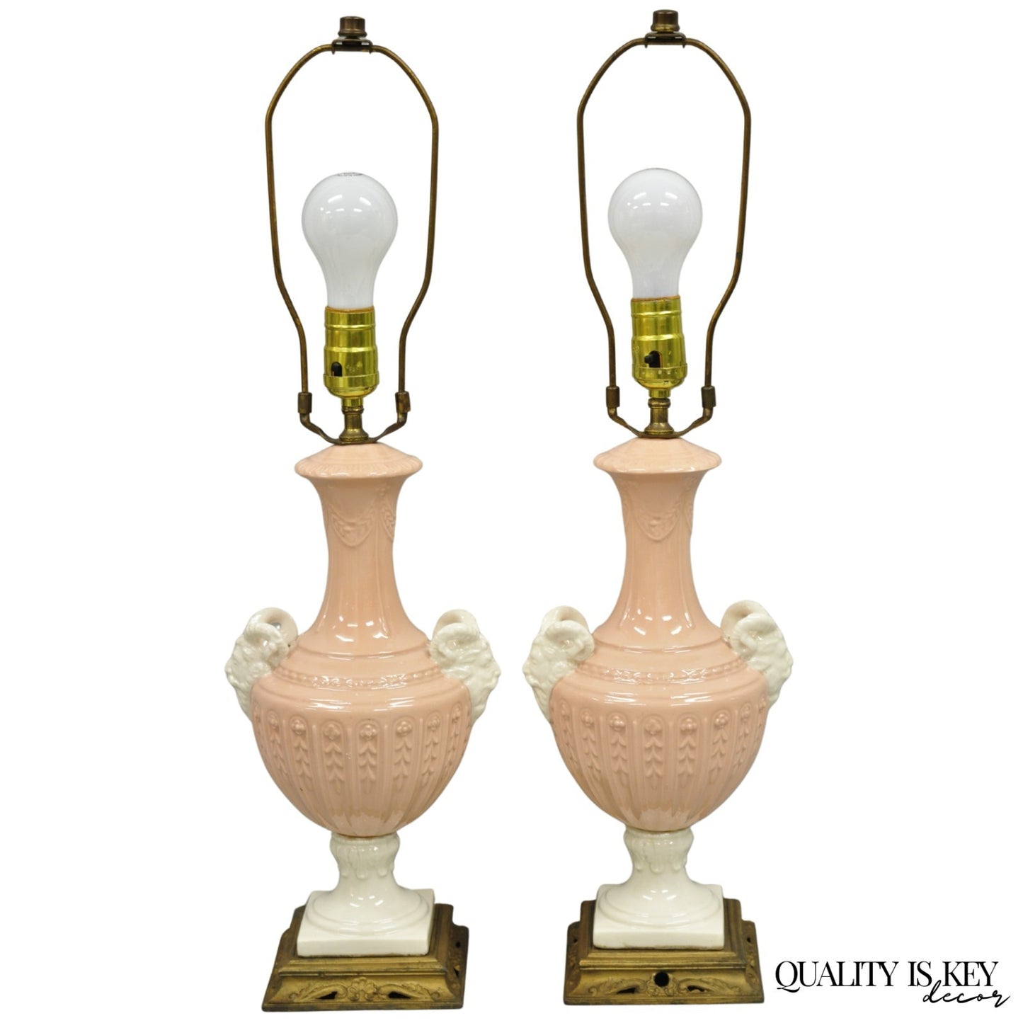 Vintage Italian Neoclassical Pink Porcelain Urn Table Lamps w/ Bearded Man, Pair