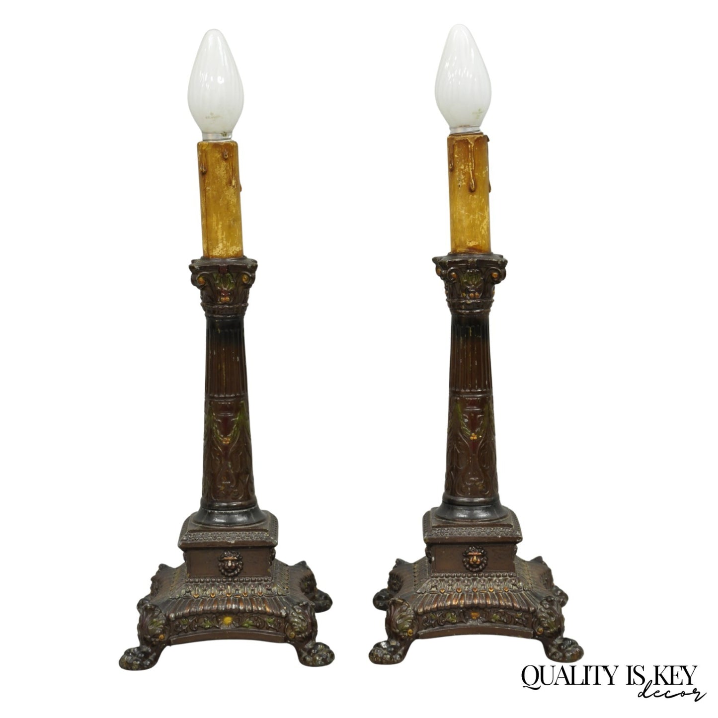 Antique French Empire Brown Painted Column Small Metal Table Lamps - a Pair