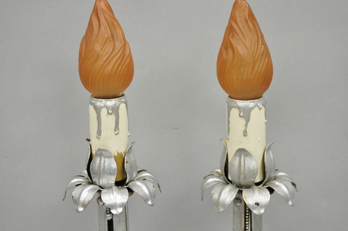 Antique Art Nouveau Wrought Iron Silver Painted Petite Boudoir Table Lamps, Pair