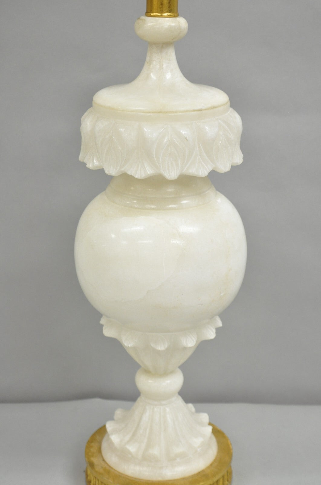 Antique Neoclassical Large Carved Solid Alabaster Marble Leaf Bulbous Table Lamp