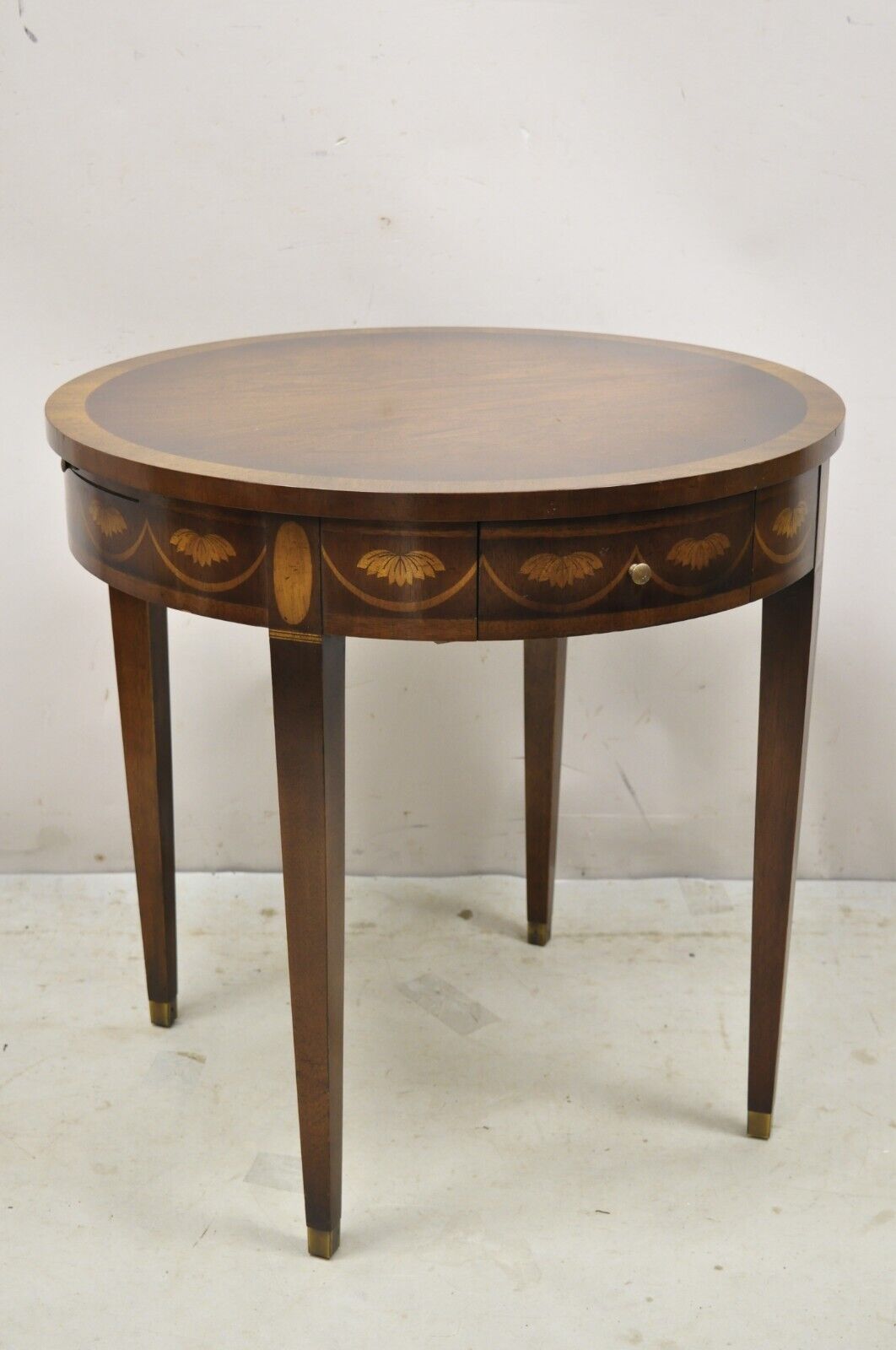 Federal Style Round Banded Mahogany Inlaid Accent Table 2 Drawers 2 Pull Outs