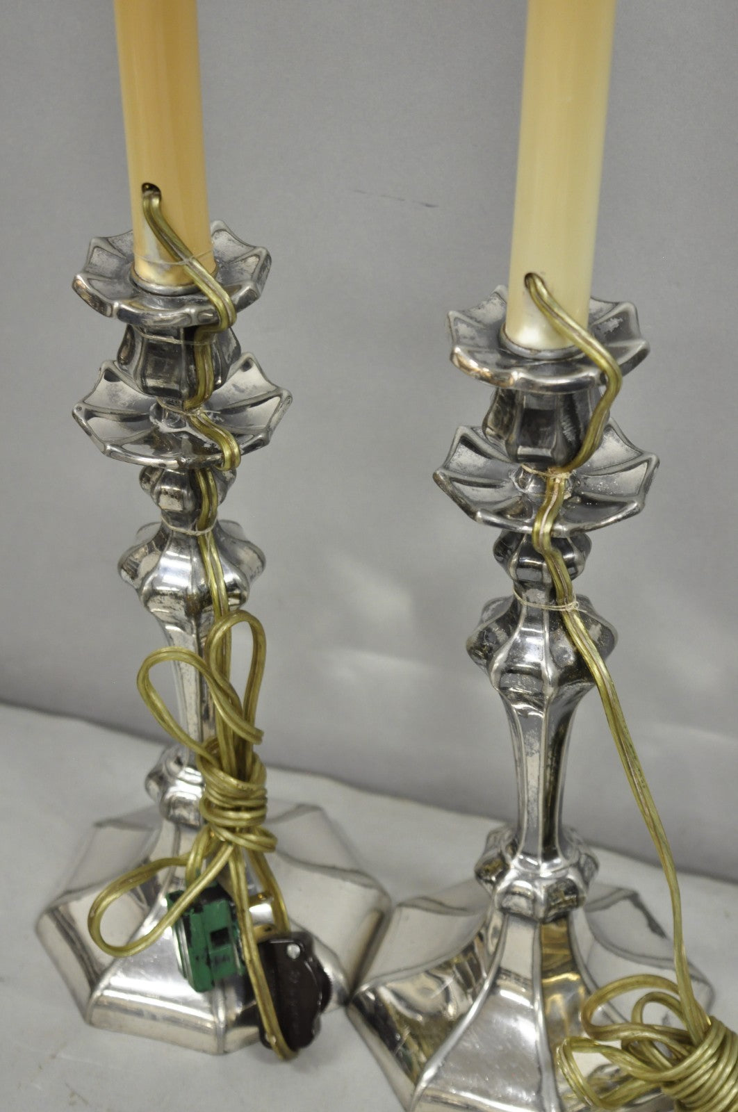 Reed & Barton Art Nouveau Silver Plated Small Candlestick Table Lamps - a Pair