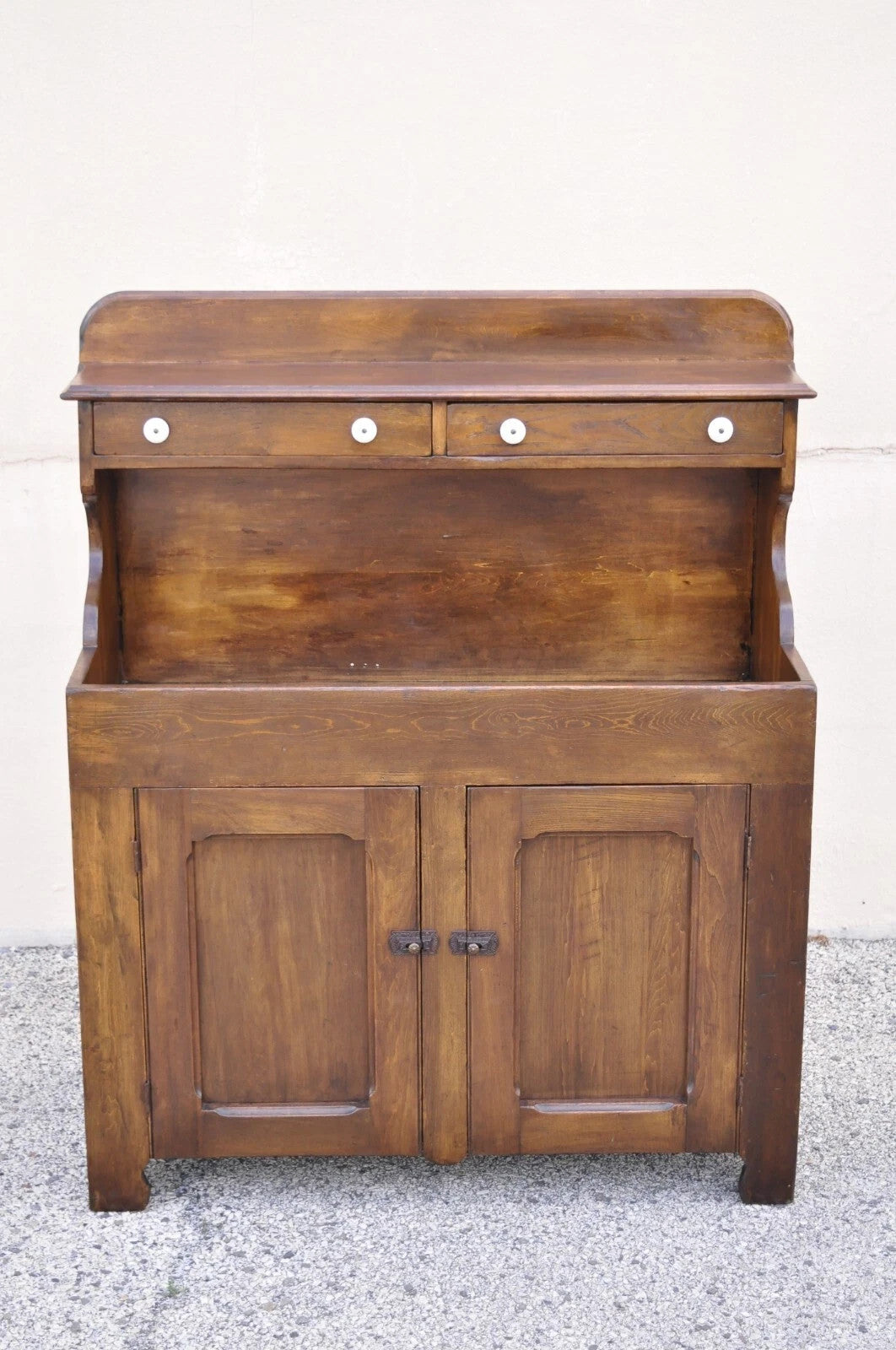 Antique American Colonial Primitive Pine Wood Stepback Drysink Hutch Cupboard