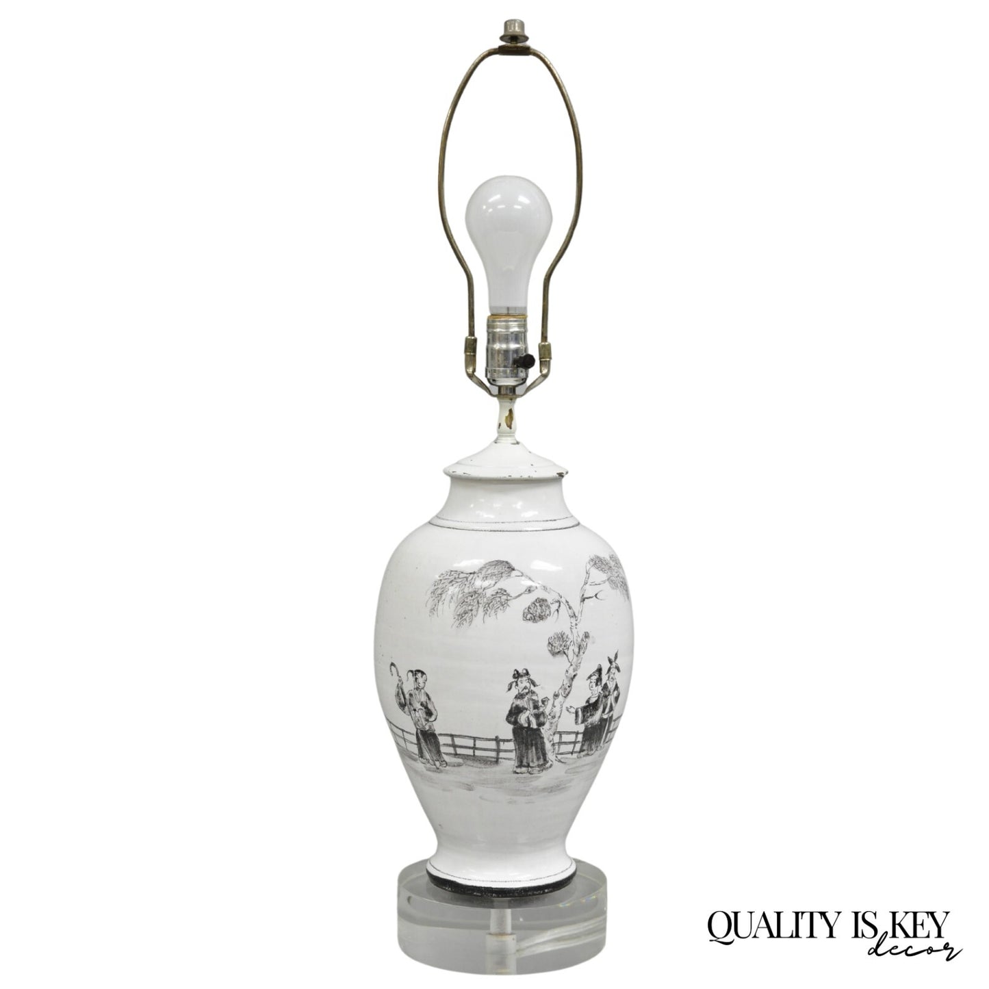 Vintage Chinoiserie White Ceramic Jardiniere Vase Oriental Table Lamp on Lucite