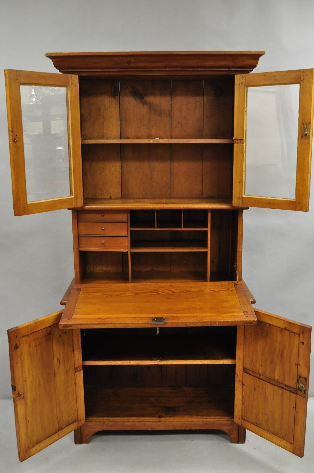 Antique Primitive Country Farmhouse Pine Wood Secretary Bookcase Cupboard
