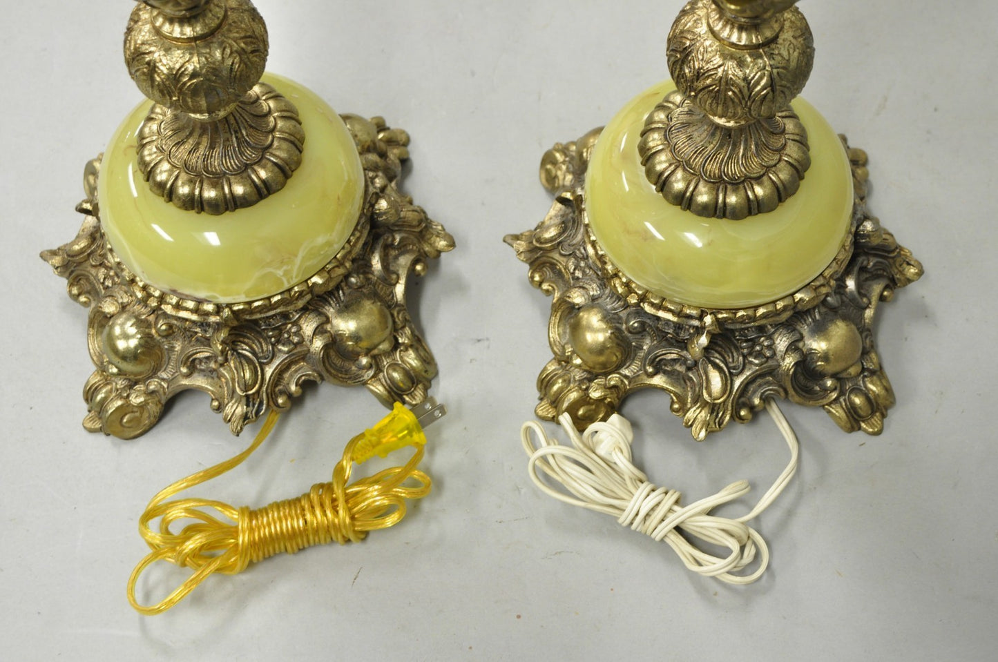 Vintage French Baroque Hollywood Regency Green Onyx Brass Table Lamps - a Pair