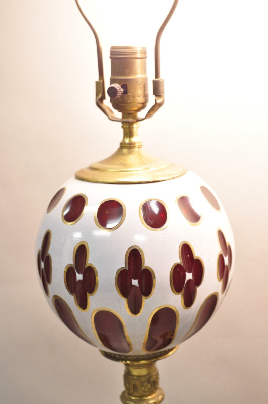 French Renaissance Brass Figural Maiden Base Red Bohemian Glass Table Lamps Pair