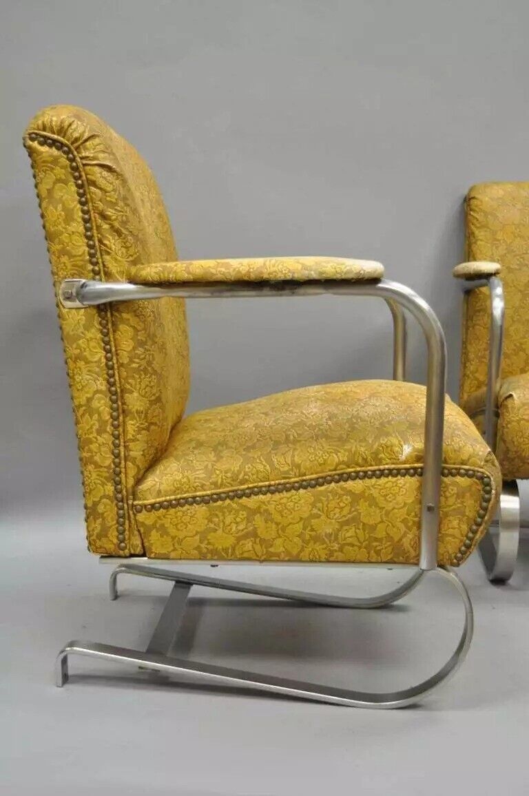 Art Deco Lloyd KEM Weber Style Chrome Steel Springer Lounge Chairs - a Pair