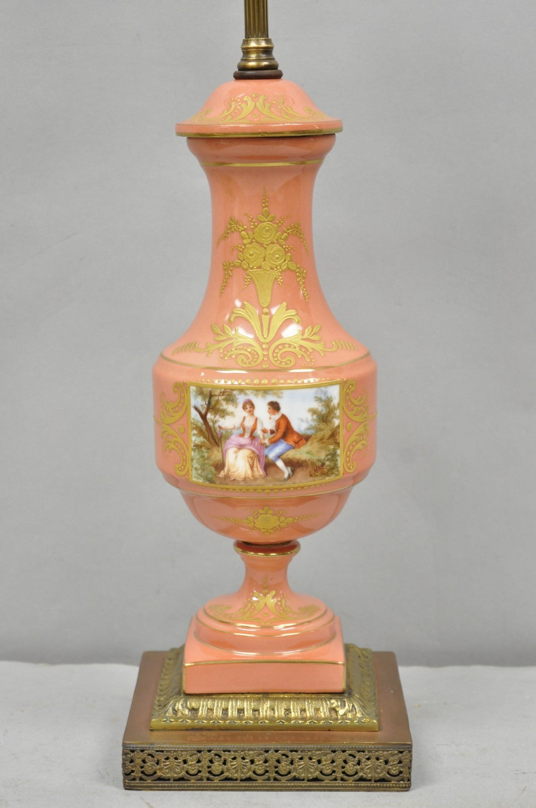 Antique French Victorian Salmon Coral Pink Porcelain Hand Painted Urn Table Lamp