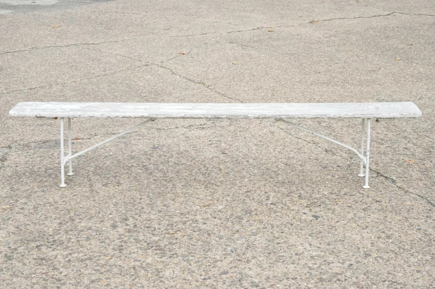 Antique French Industrial 94" Long White Distress Paint Wrought Iron Wood Bench