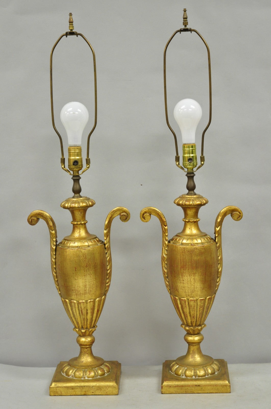 Vintage Italian Hollywood Regency Gold Giltwood Urn Form Table Lamps - a Pair