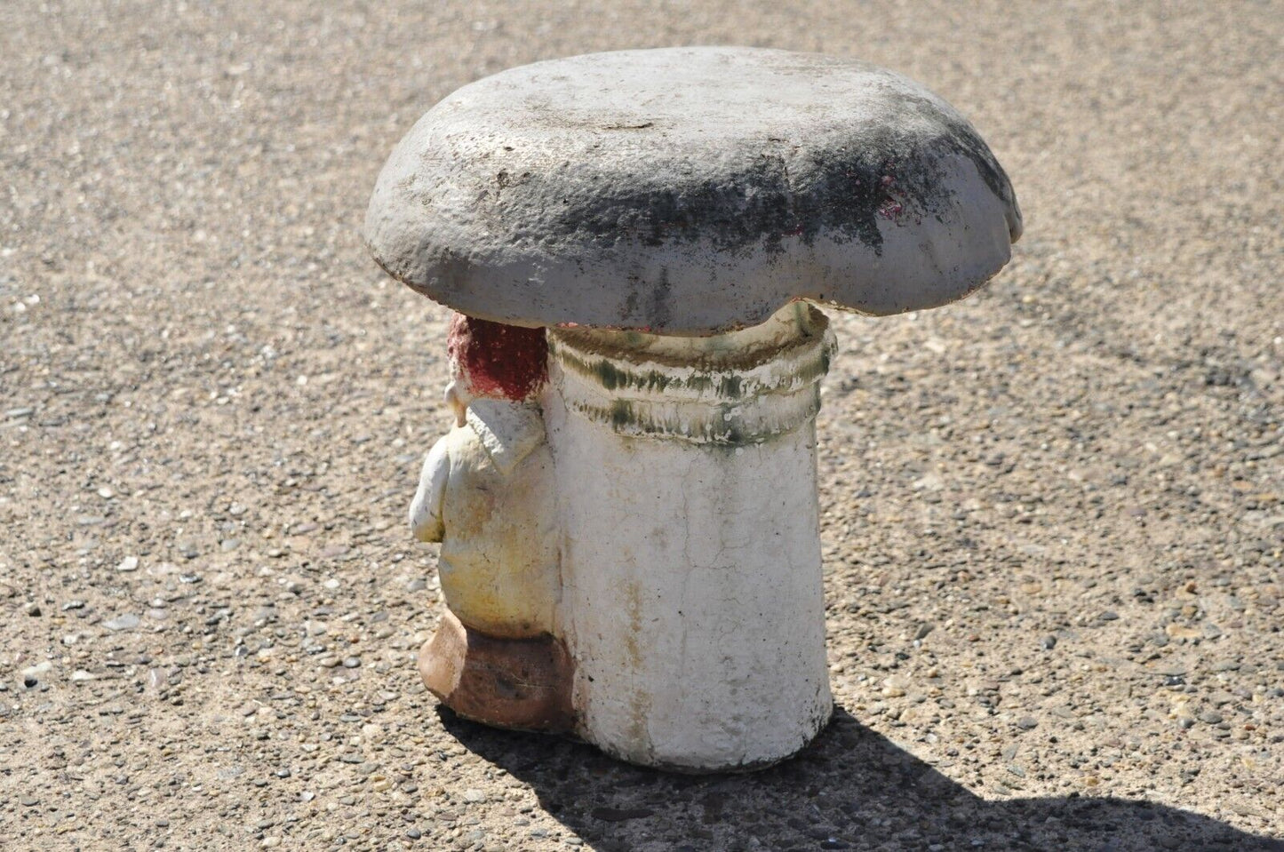 Vintage Cement Concrete Figural Elf under Mushroom Garden Stool Seat