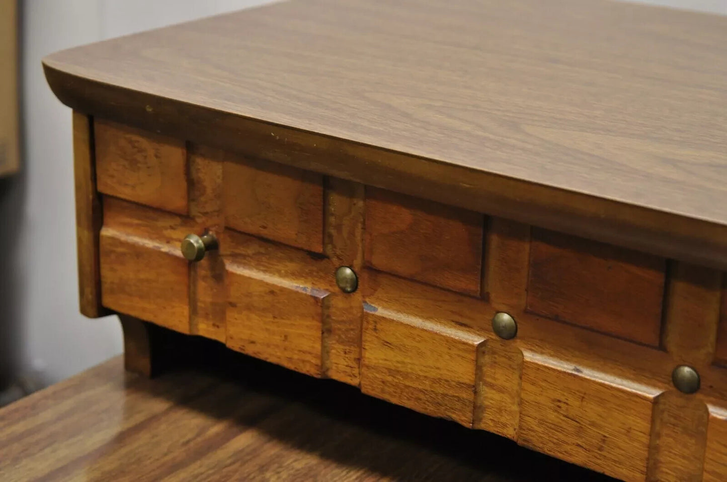 Mersman Mid Century Modern Walnut and Laminate Step Up Side End Tables - a Pair
