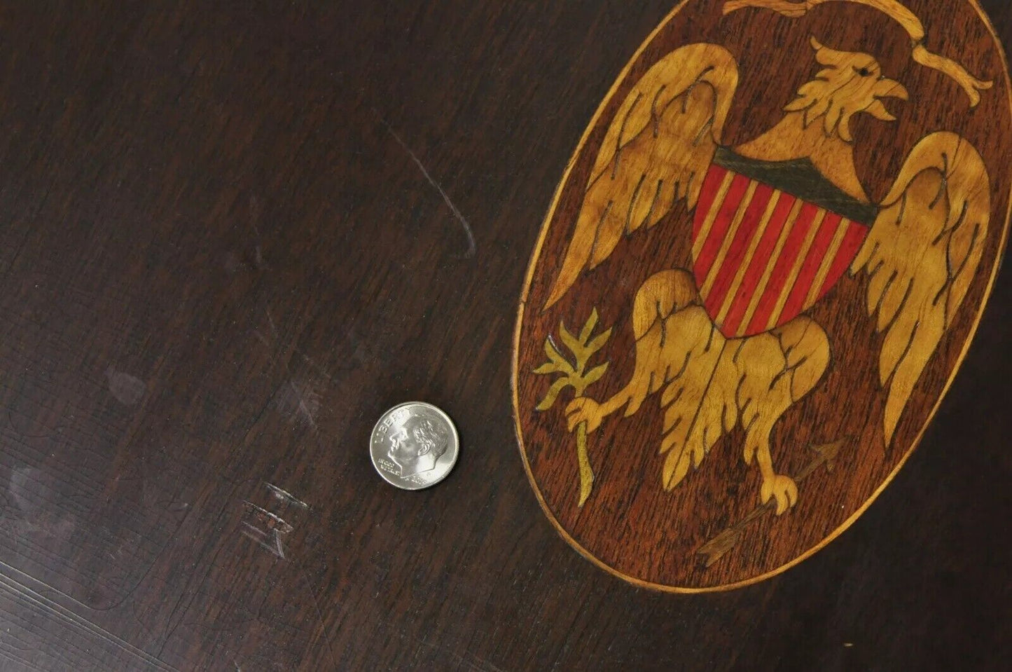 Antique Federal Sheraton Mahogany Eagle Shield Flag Inlay Tilt Top Lamp Table