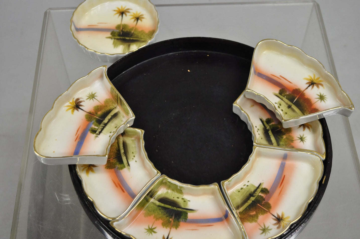 Vintage Japanese Porcelain Sweet Meat Serving Dish Set in Black Lacquer Box