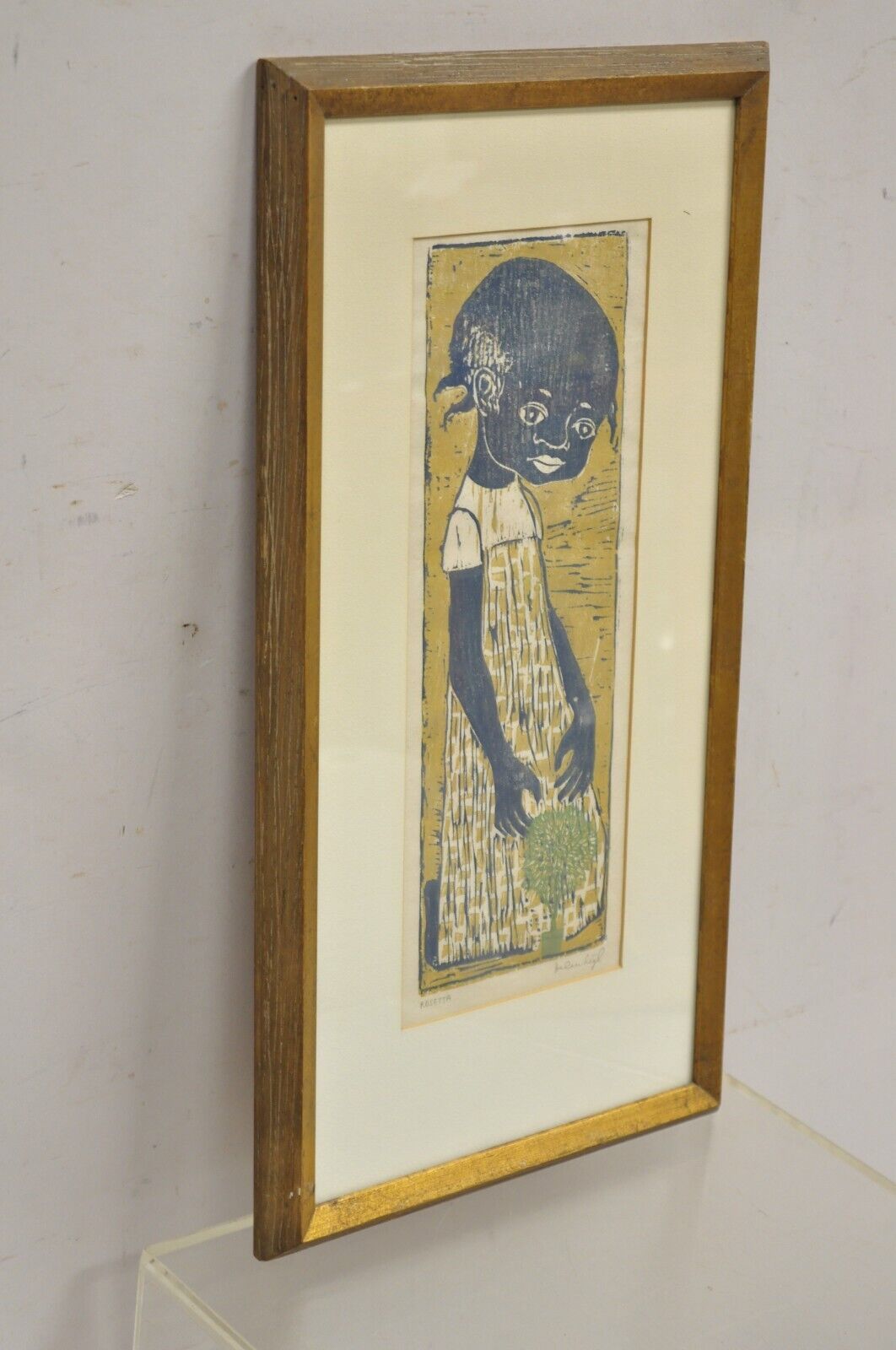 Vintage Helen Siegl "Young Girl" 1950s Woodcut Print Framed Mid Century Art
