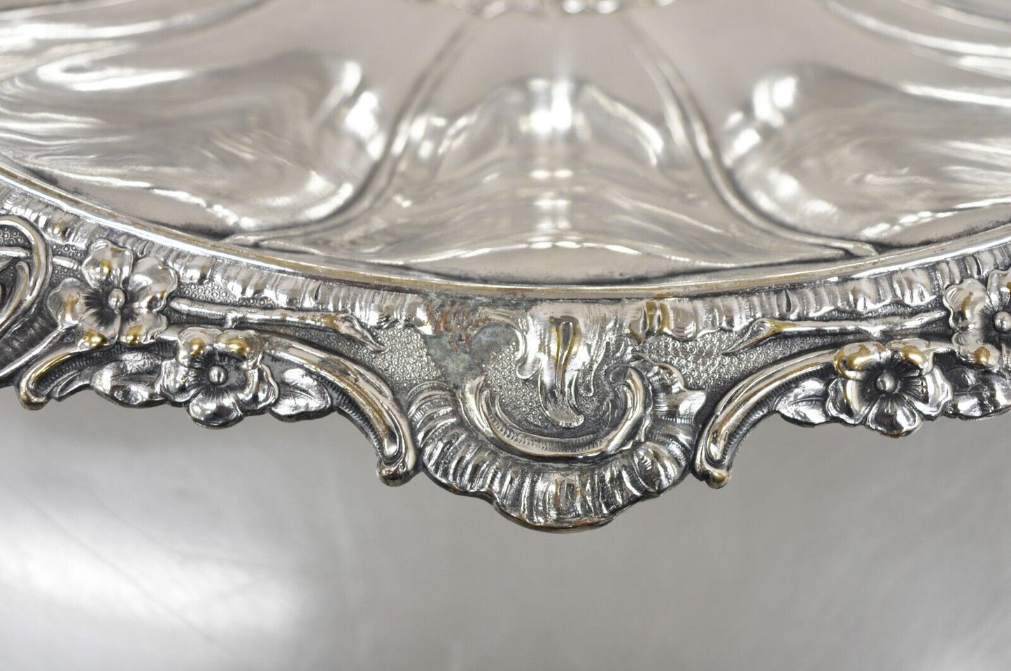 Vintage English Victorian Floral Repousse Ornate Twin Handle Footed Dish Bowl