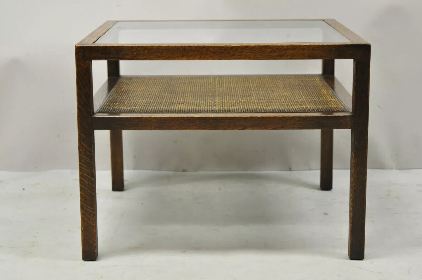 Mid Century Modern Dunbar Style Oak & Cane 2 Tier Glass Top Square Side Table