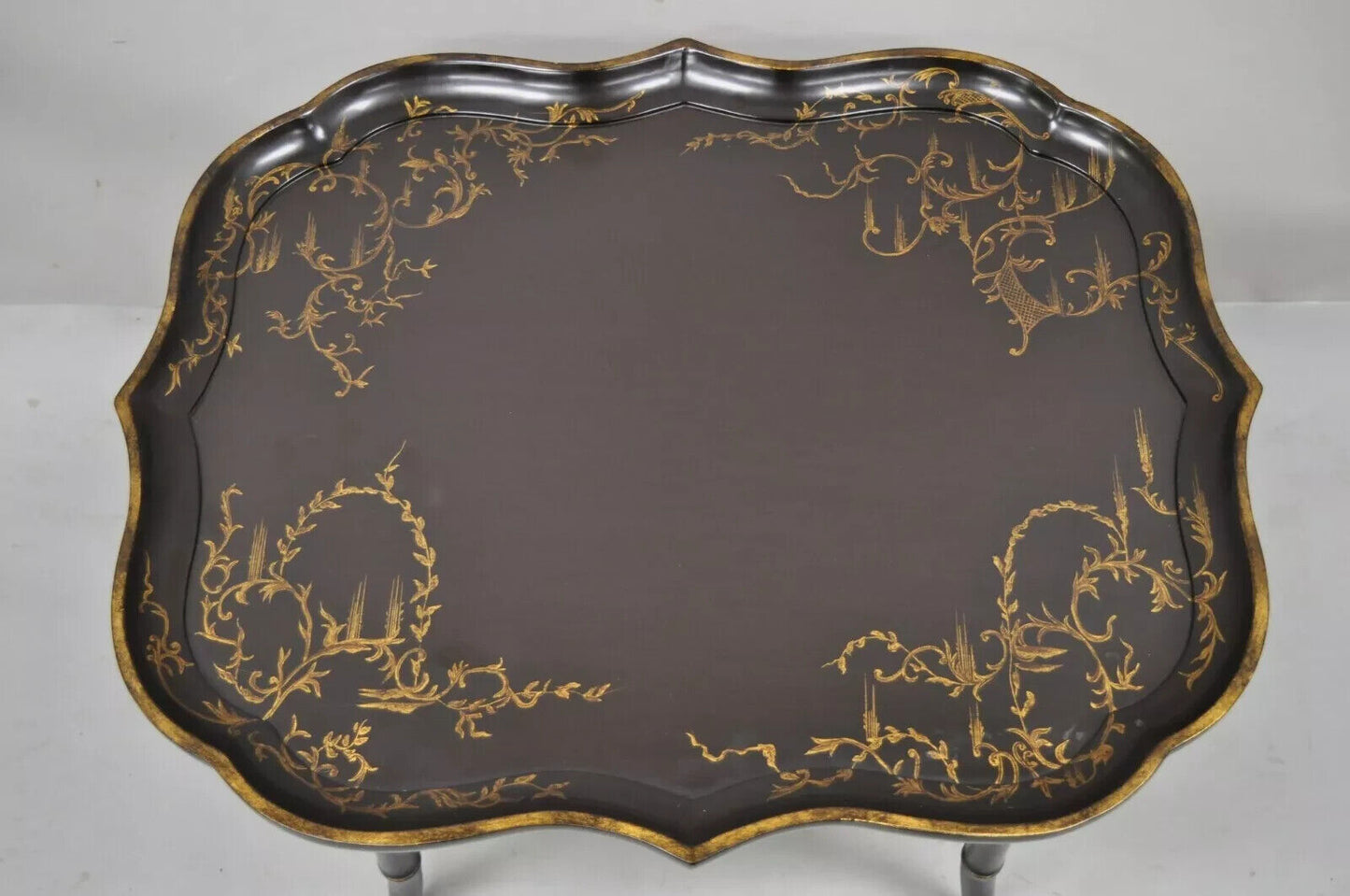 Chinoiserie Faux Bamboo Brown Lacquer Scallop Tray Top Coffee Cocktail Table