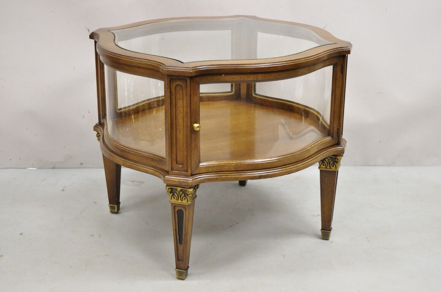 Vintage French Provincial Fruit Wood Curved Glass One Door Display Side Table