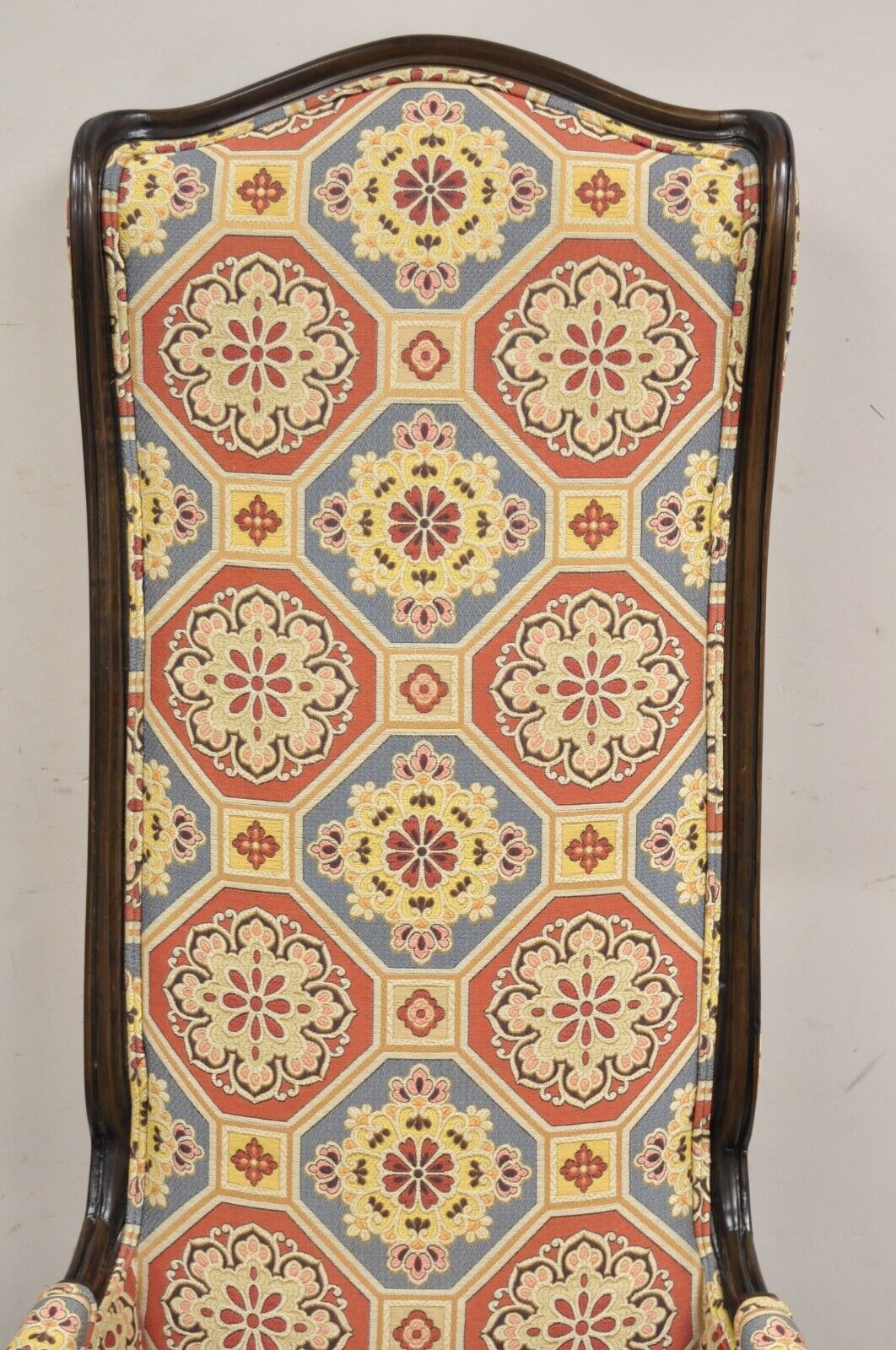 French Country Provincial Style Carved Walnut High Back Blue & Red Lounge Chair