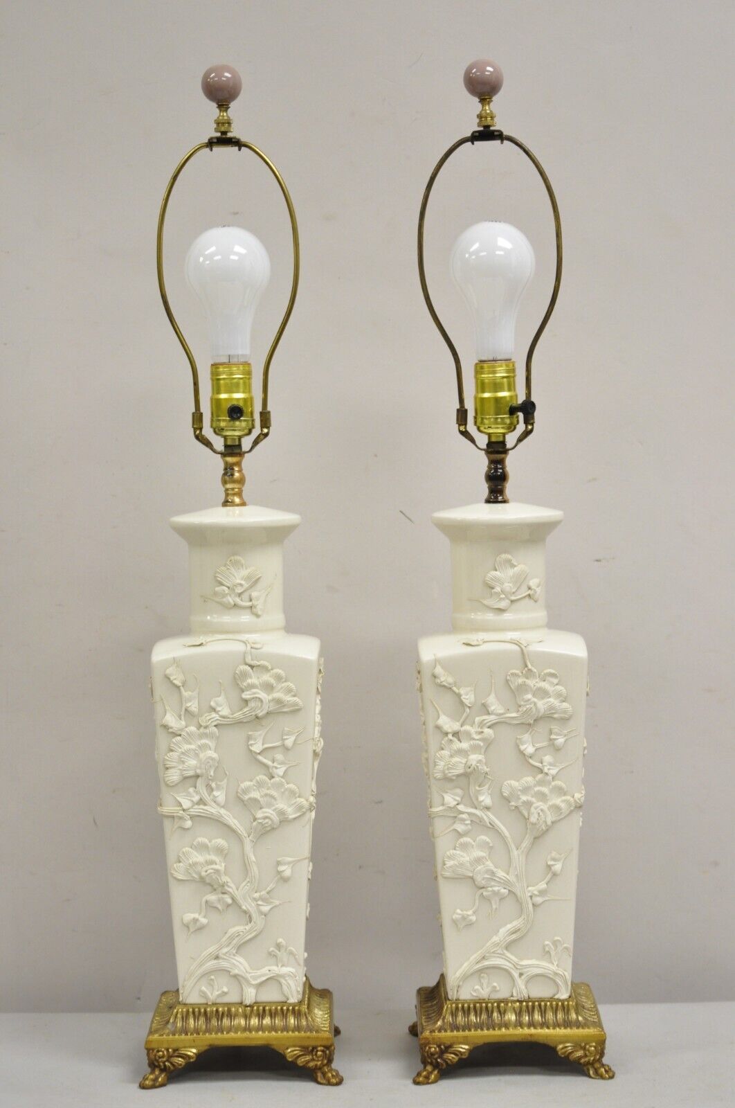 Vintage Chinoiserie Porcelain "Cherry Blossom" Blanc De Chine Table Lamps - Pair