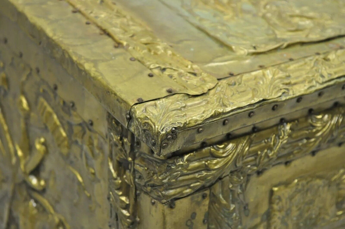 Antique Victorian Embossed Brass Fireplace Log Box Coal Box with Country Scenes