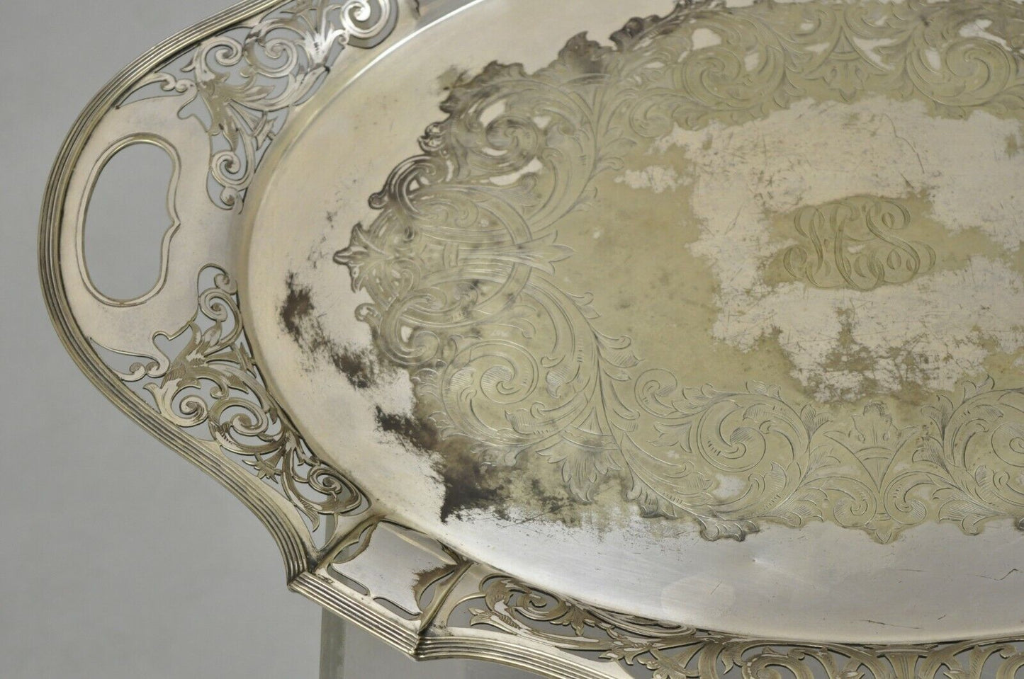 Antique D & H England 24" Silver Silver Plated Pierced Scalloped Platter Tray