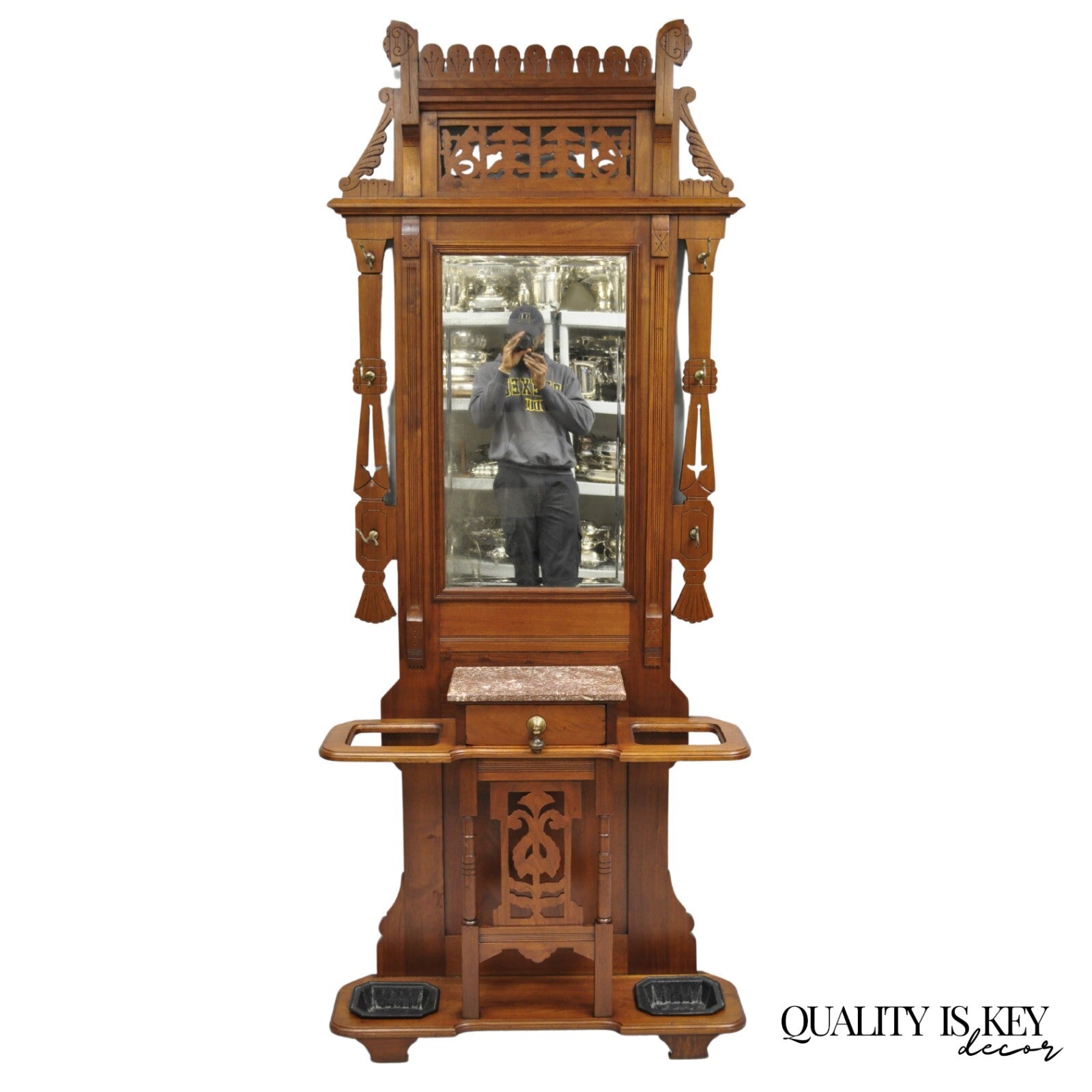 Antique Eastlake Victorian Walnut Marble Top Umbrella Stand Hall Tree Mirror