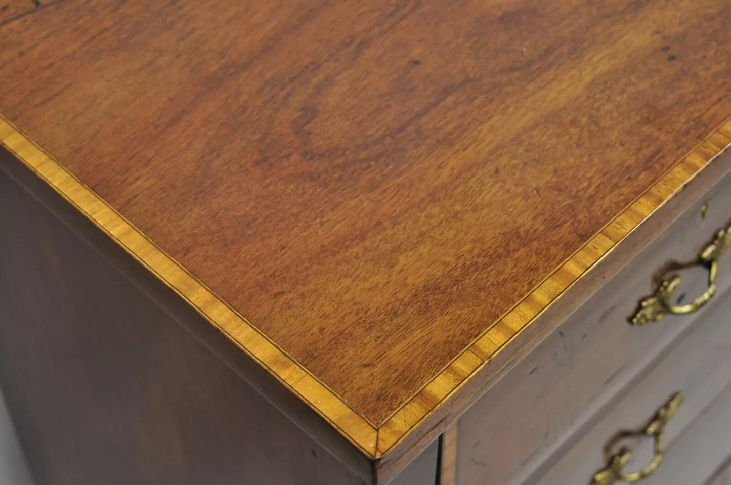 Antique English Georgian Mahogany Banded Satinwood Inlay 5 Drawer Chest Dresser