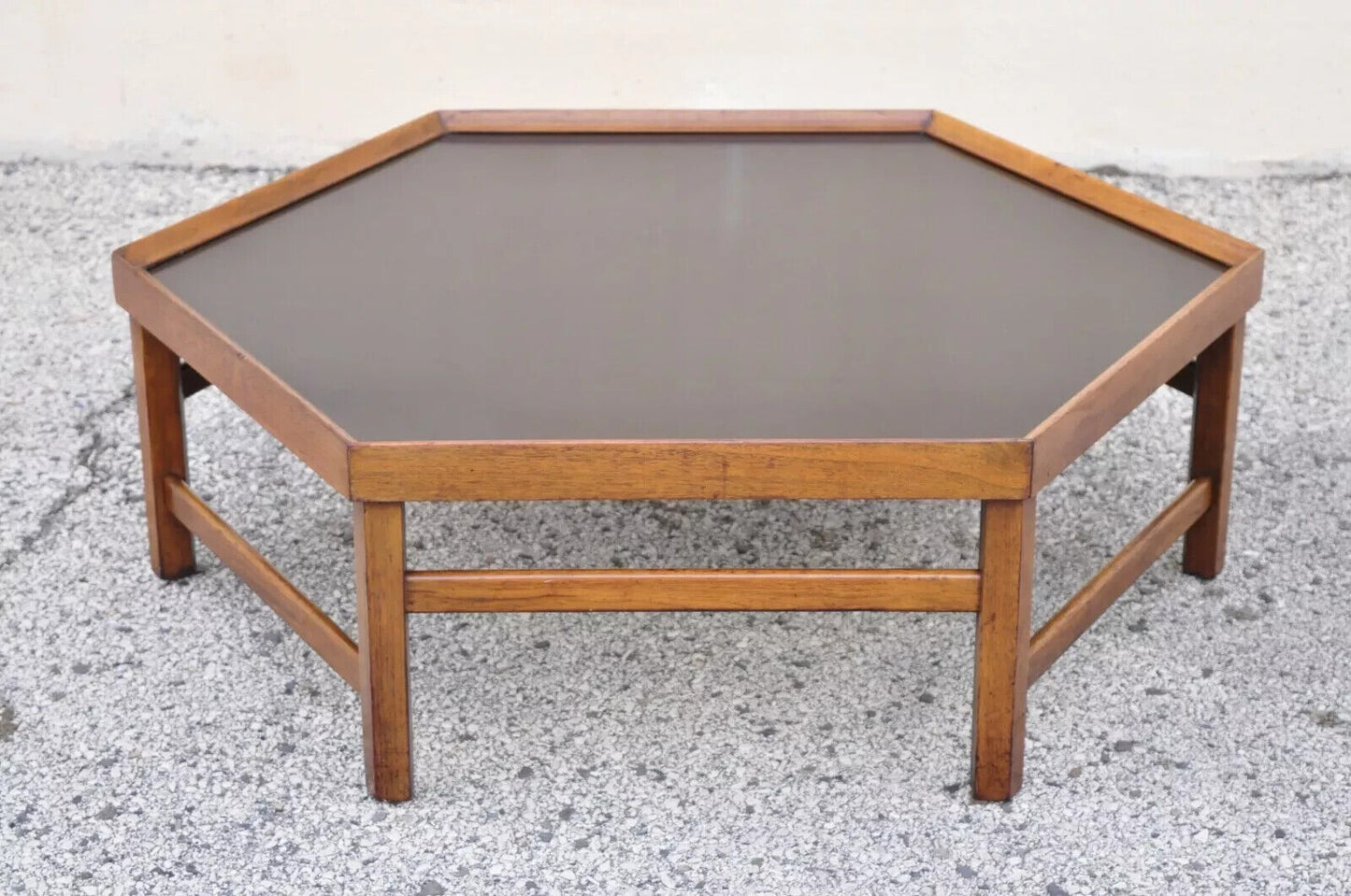 Vintage Mid Century Modern Walnut Hexagonal Coffee Table with Black Masonite Top