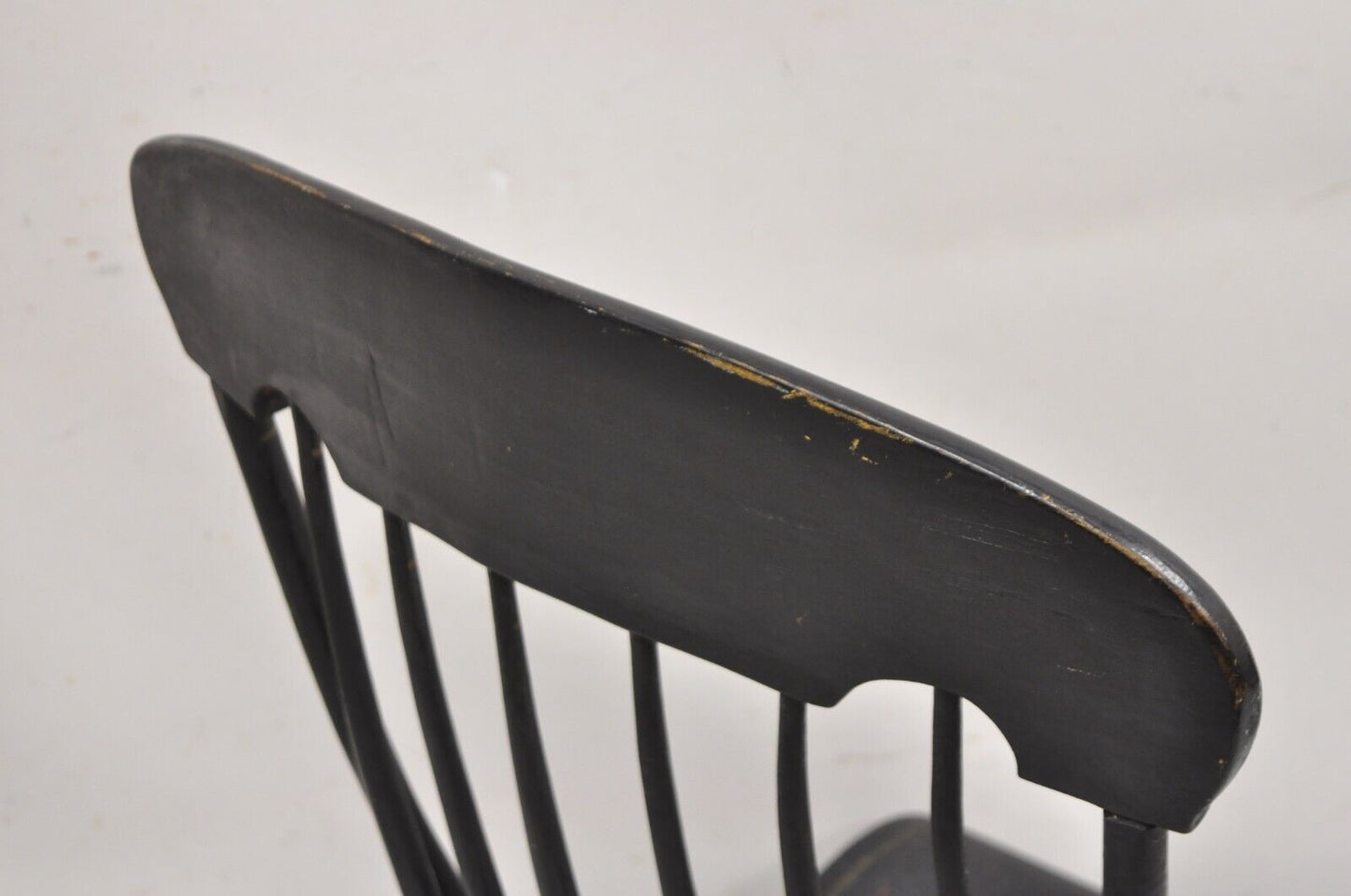 Antique Colonial Stencil Back Black Painted Plank Bottom Rocker Rocking Chair
