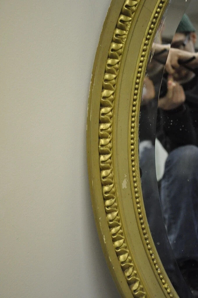 Antique French Louis XVI Style Gold Gilt Torch Flame Gesso Oval Wall Mirror