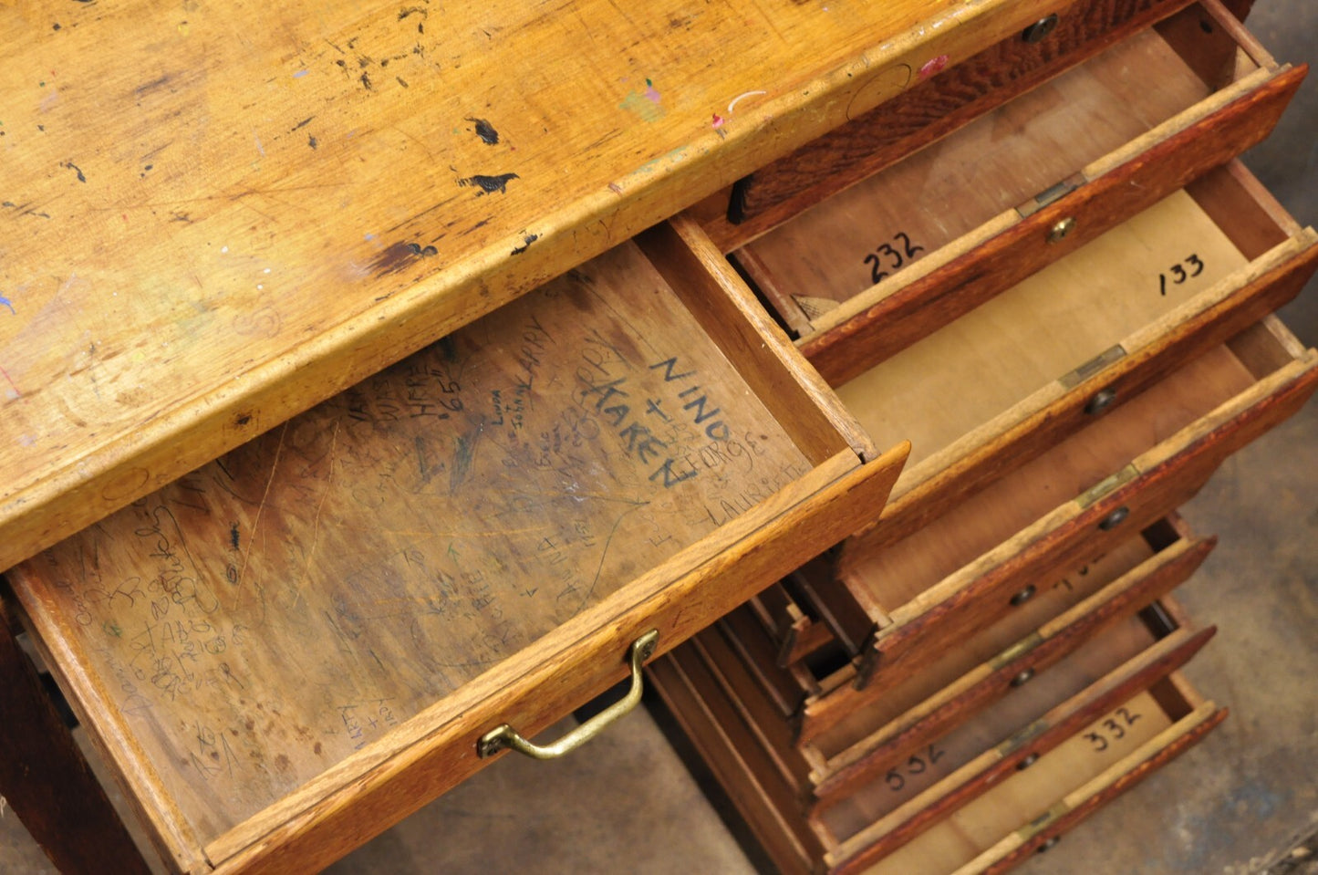 Antique Arts & Crafts Oak Jewelers Workbench Desk Drafting Table w/ Swivel Stool