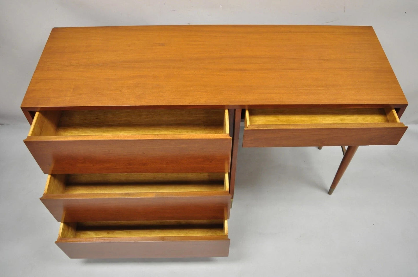 Vintage Mid Century Modern Walnut Brass Base Modernist Kneehole Writing Desk