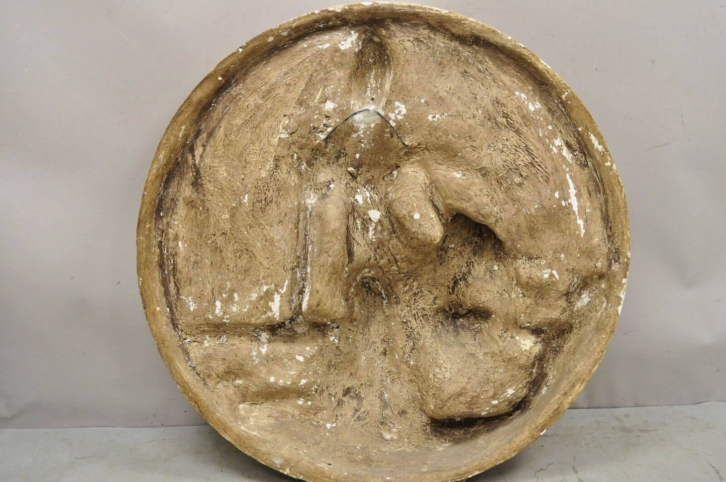 Large Vintage Fiberglass Kuan Shih Yin Buddha Relief Round Wall Art Sculpture