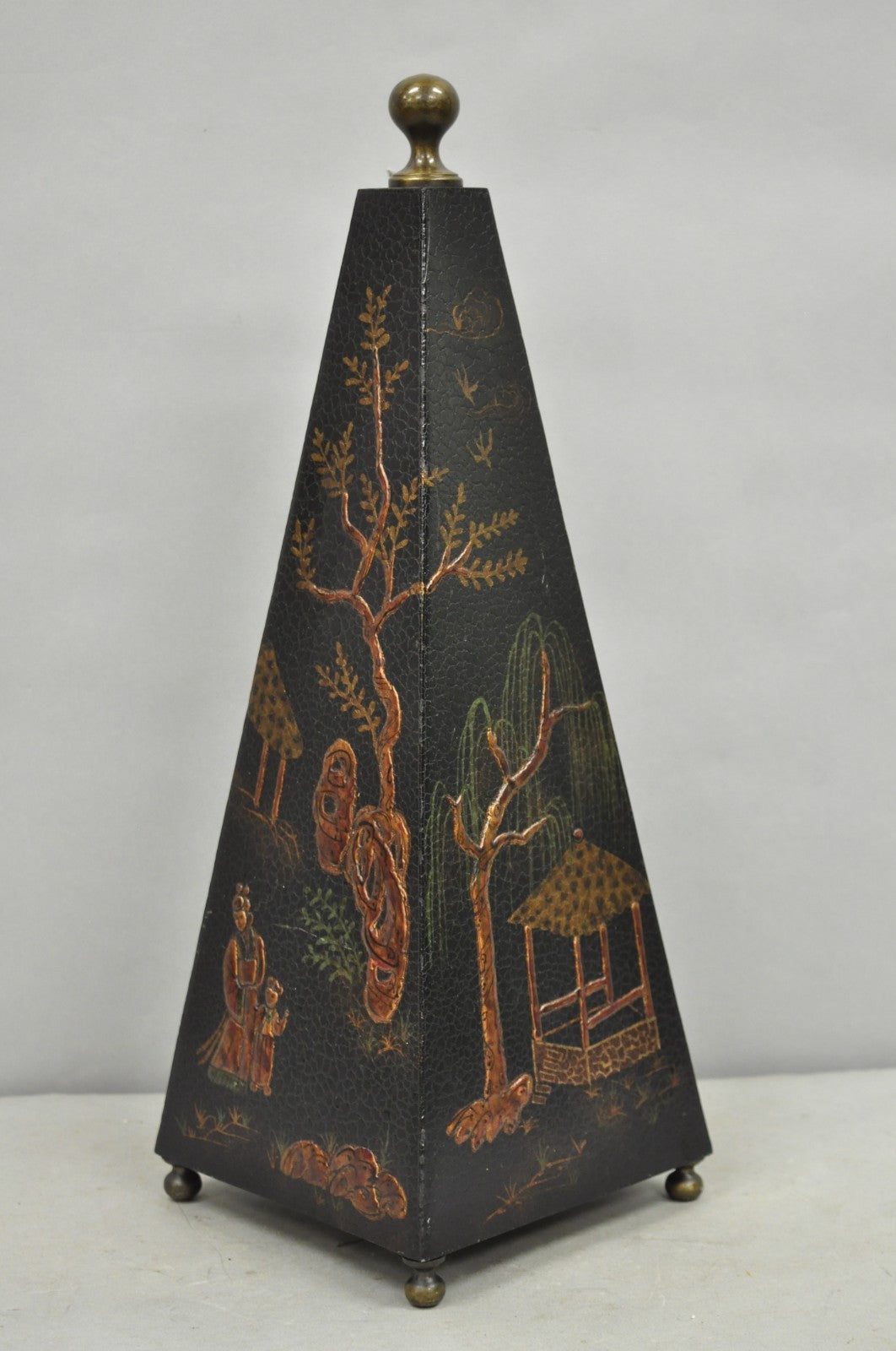 Castillian Imports Chinoiserie Black Lacquer Oriental Painted Obelisk Pyramid