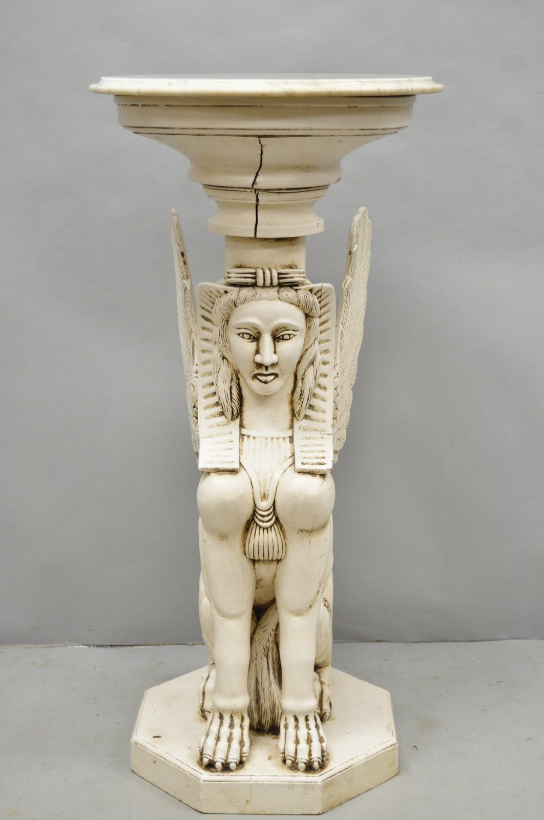 Vintage Egyptian Female Sphinx Round Marble Top Carved Wood Pedestal Plant Stand