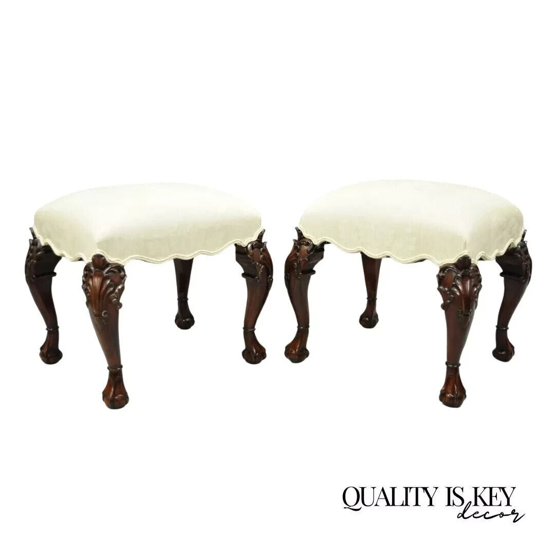 English Georgian Chippendale Style Carved Mahogany Ball and Claw Stools - Pair
