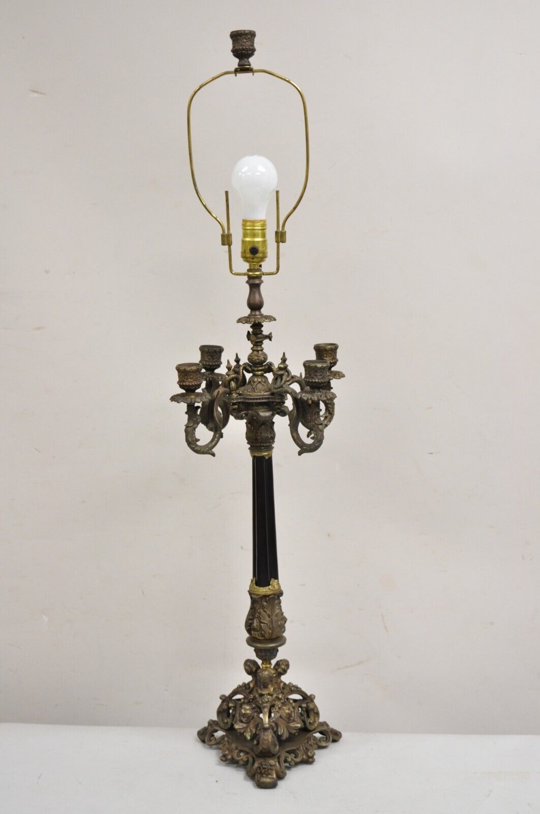 Antique French Empire Renaissance Gilt Metal Figural Candelabra Table Lamp