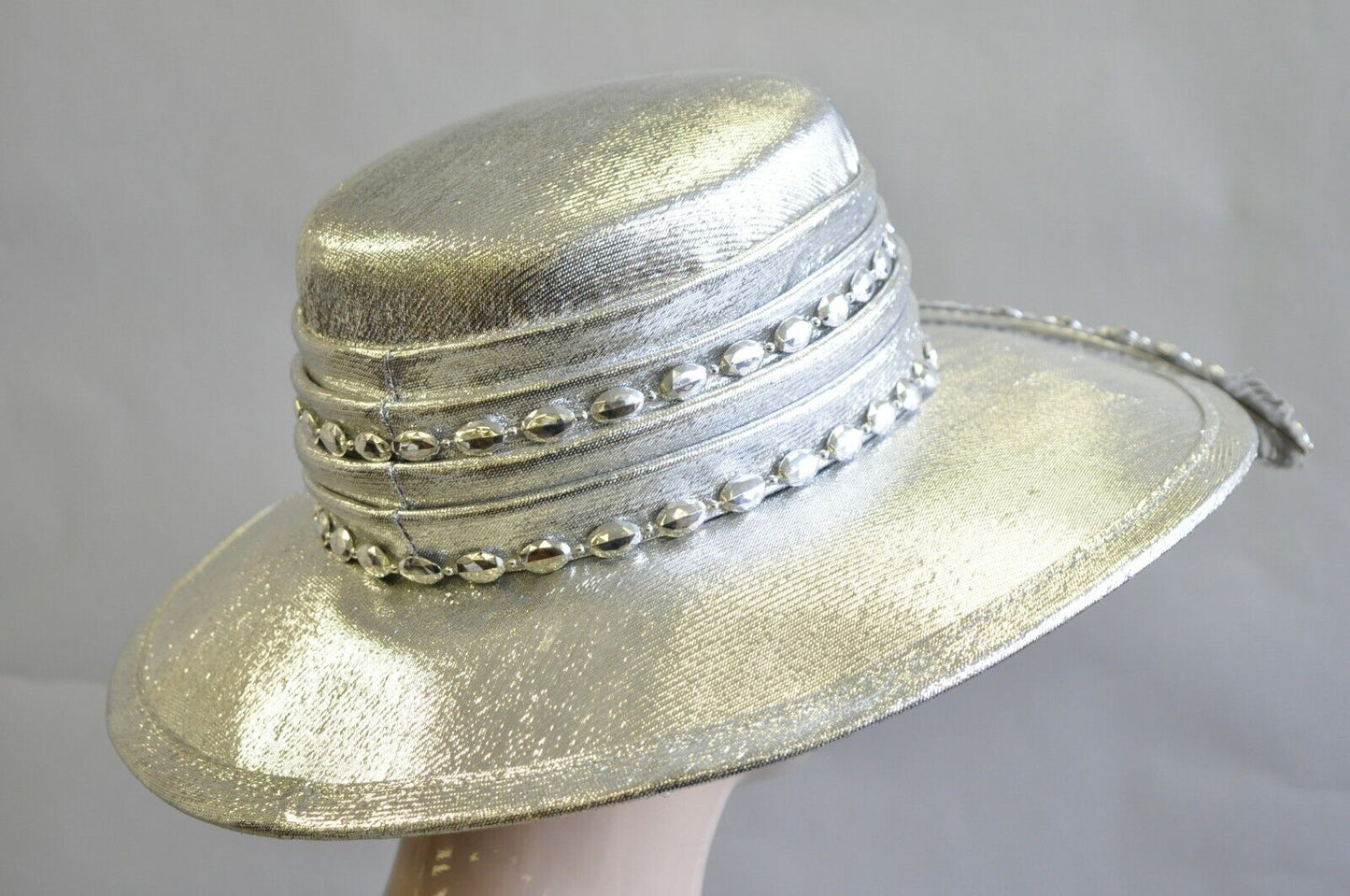 Vintage Mr. John Classic Metallic Silver Church Derby Wide Brim Hat with Feather